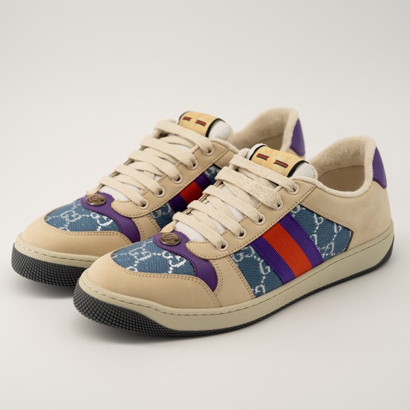 size 41.5G 11.5 US Gucci Screener Enamel Aged Sneakers Beige Blue Red - Picture 1 of 13